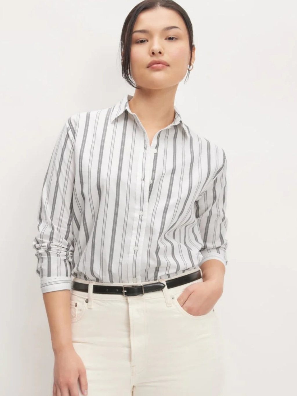Everlane White Button-Down Shirt With Black Vertical Stripes